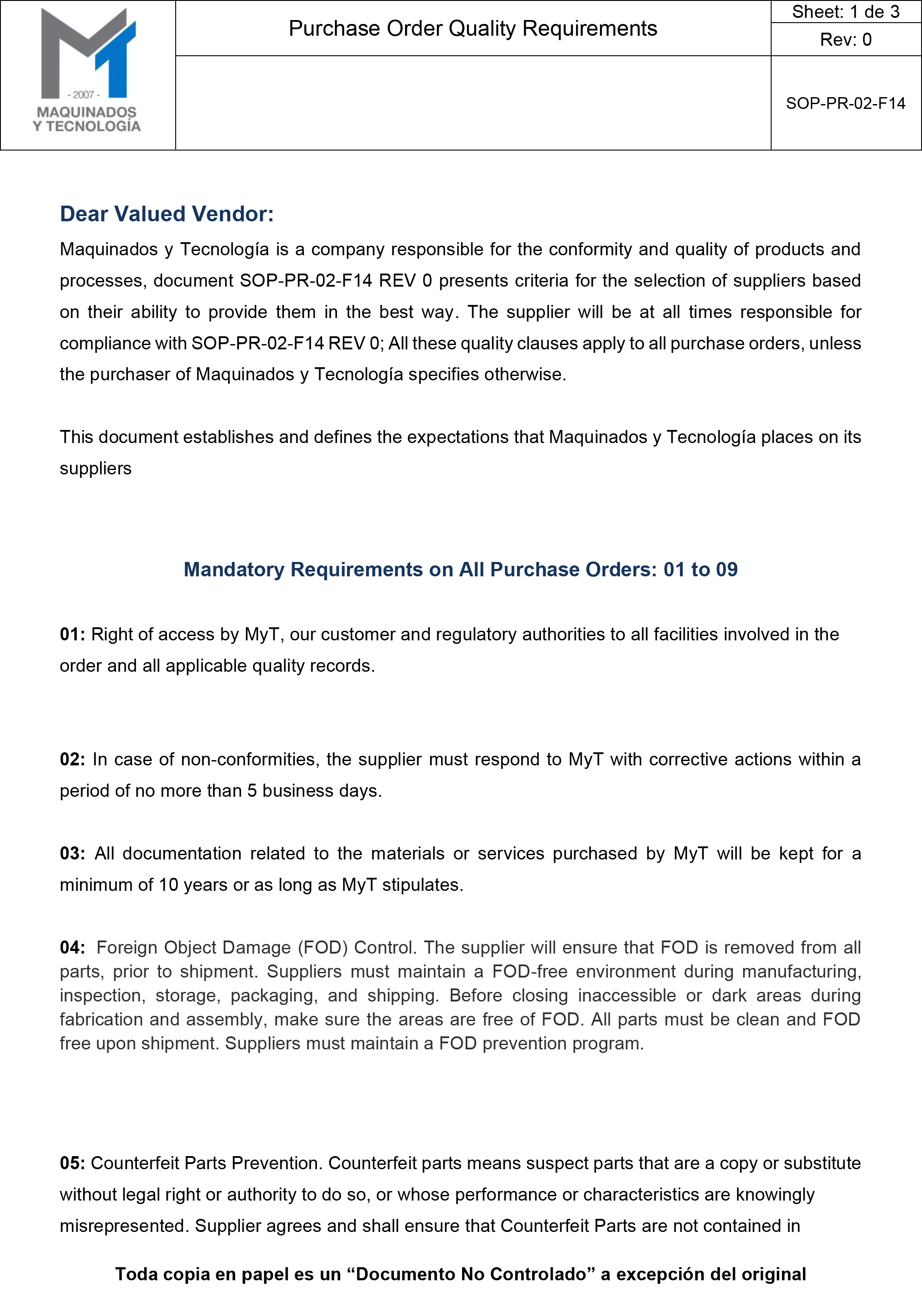 Purchase Order Quality Requirements